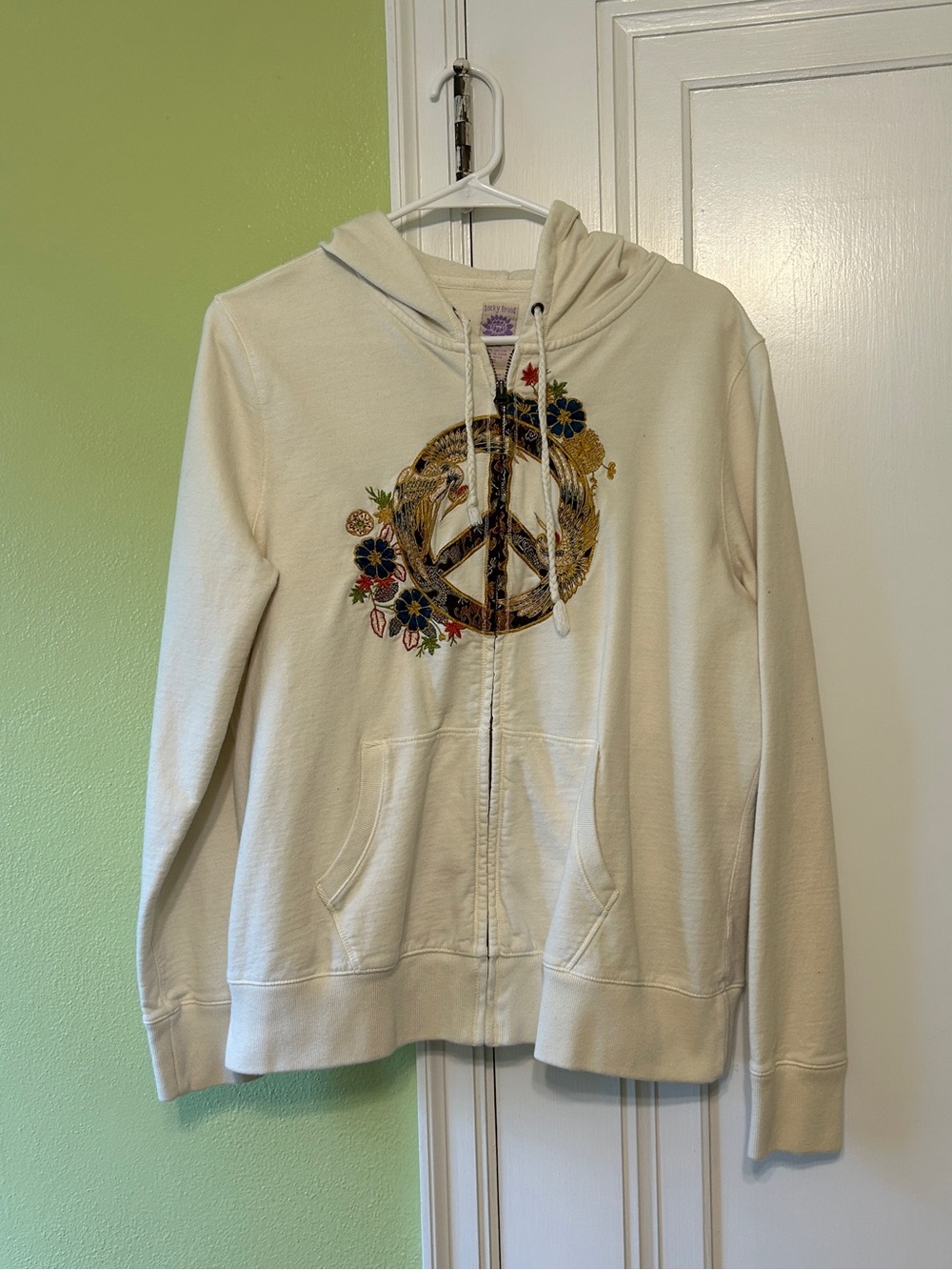 Vintage Lucky Brand Cream Zip Hoodie with Floral Peace Emblem